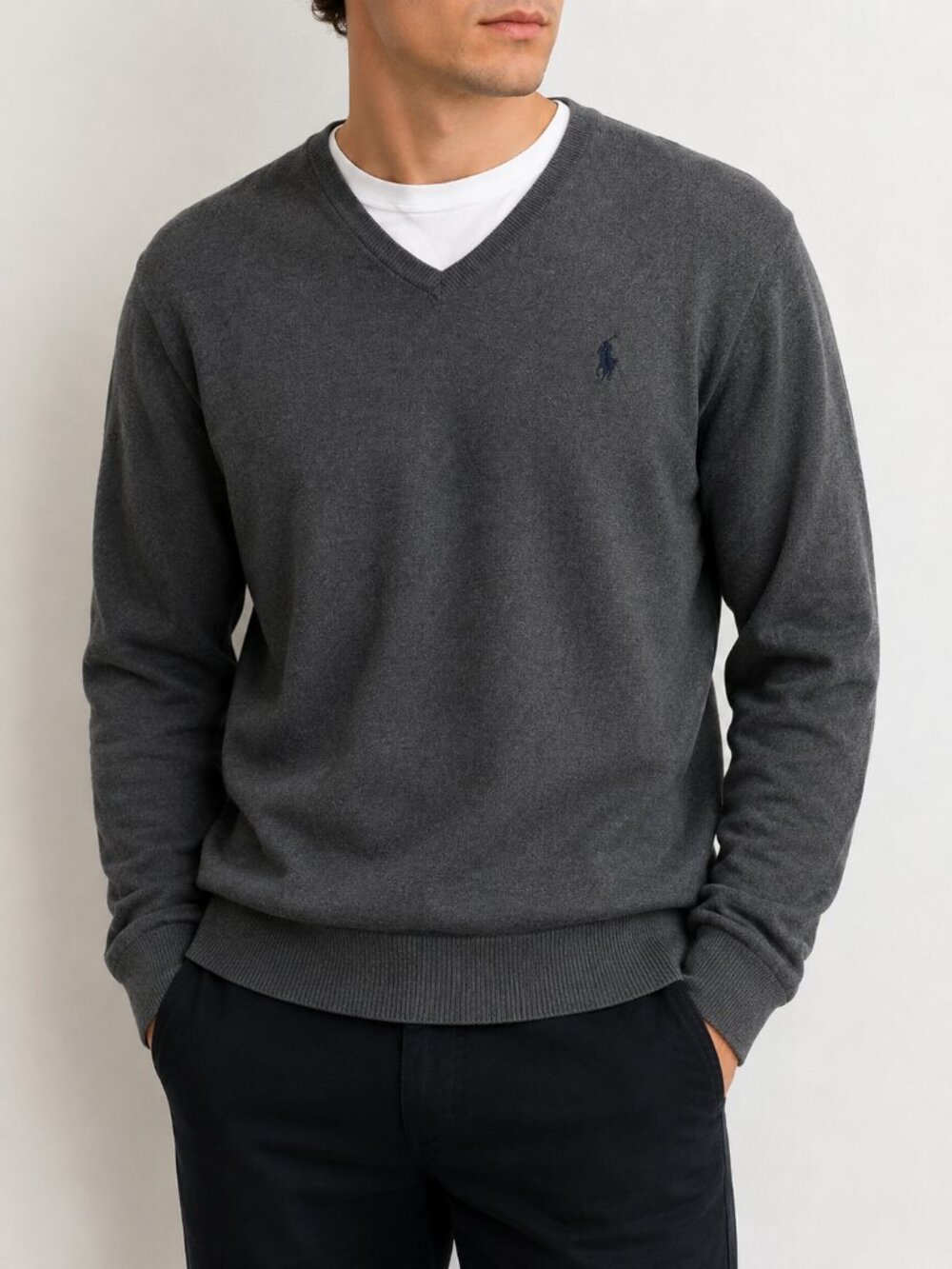 Polo Ralph Lauren Men’s XXL Charcoal Gray Cotton V-Neck Sweater Pony Logo
